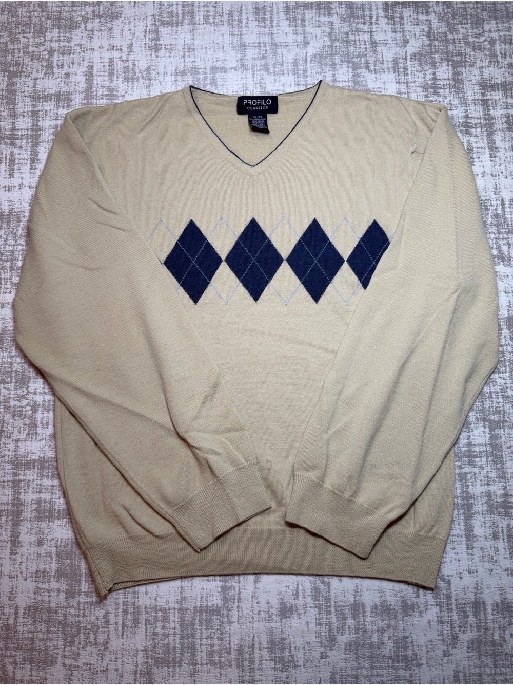 Vintage 90s Profilo Classics Men’s Tan V-Neck Argyle Sweater Size XL